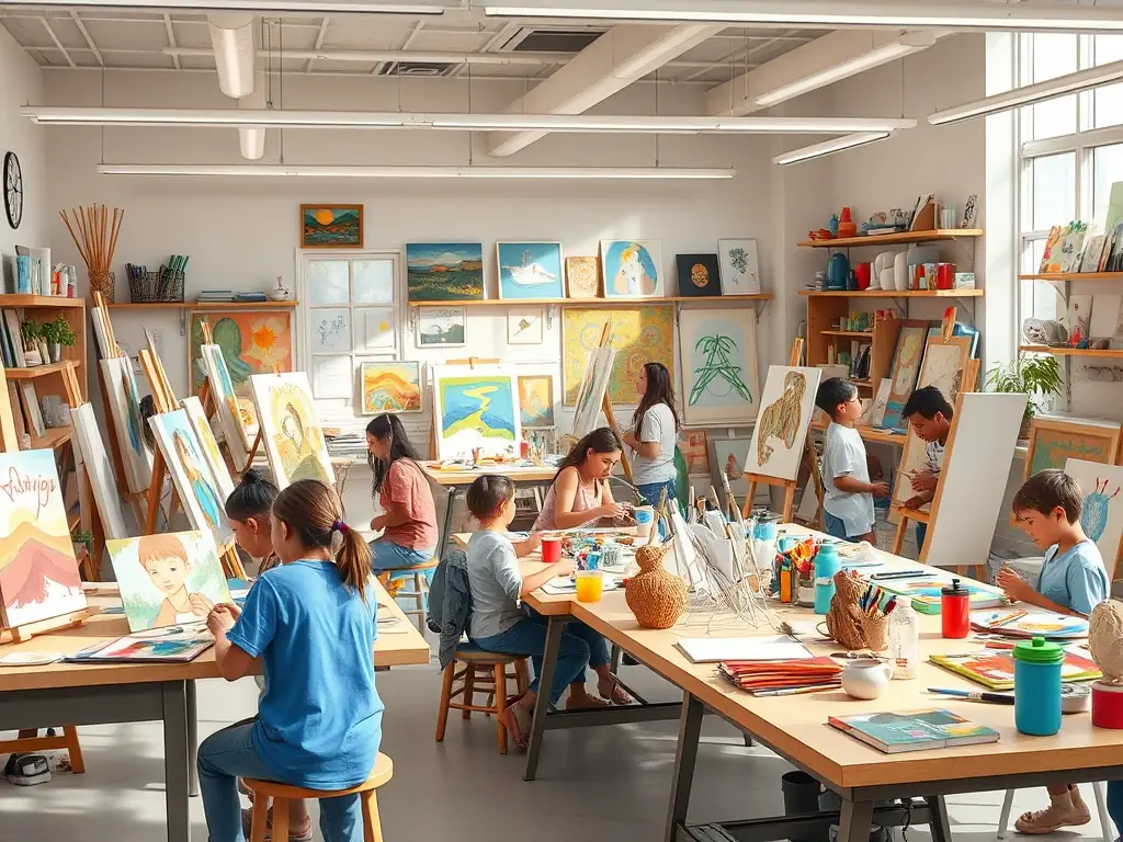 A vibrant art workshop scene with participants actively engaged in painting, sculpting, and mixed media projects, showcasing the hands-on learning environment at LA COUR DES ARTS.