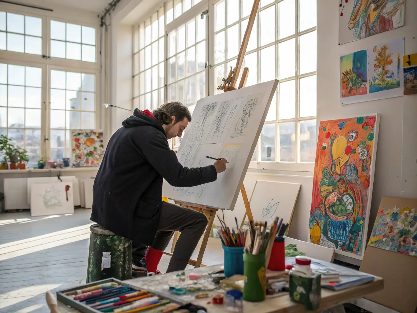 A close-up shot of an artist working diligently in their studio at LA COUR DES ARTS, highlighting the direct impact of donations on supporting individual artists and their creative endeavors.
