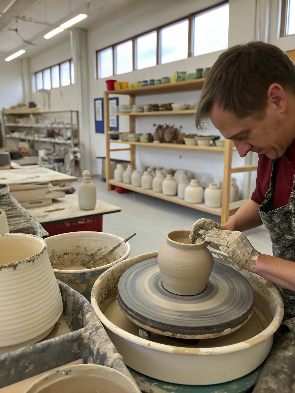 A photograph capturing participants actively engaged in a pottery workshop at LA COUR DES ARTS, showcasing the hands-on learning experience and the creation of unique ceramic pieces.