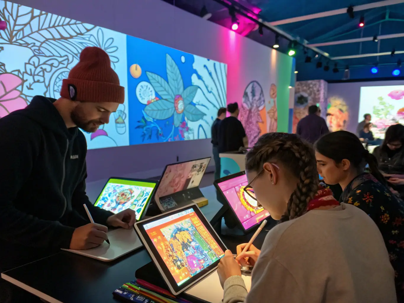A vibrant art workshop in progress, with participants actively engaged in painting and drawing, showcasing the hands-on learning experience at LA COUR DES ARTS.