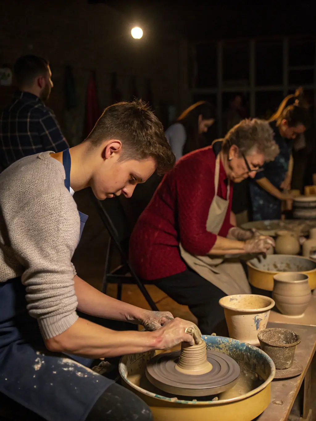 A photograph capturing a pottery workshop in progress at LA COUR DES ARTS, showcasing participants shaping clay on pottery wheels under the guidance of an instructor. The image should convey a sense of hands-on learning and creative exploration.