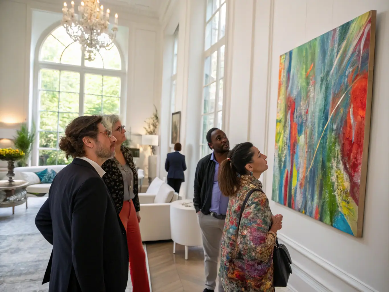 A photograph capturing a diverse group of community members actively participating in an art exhibition at LA COUR DES ARTS, showcasing the impact of community support on cultural engagement.