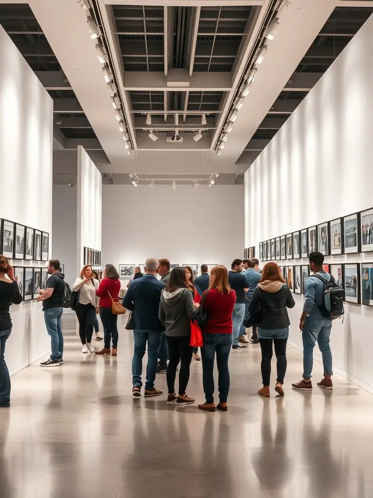 A photograph of an art exhibition at LA COUR DES ARTS, featuring a diverse collection of paintings, sculptures, and mixed media artworks. Visitors are seen admiring the art, creating a vibrant and engaging atmosphere.