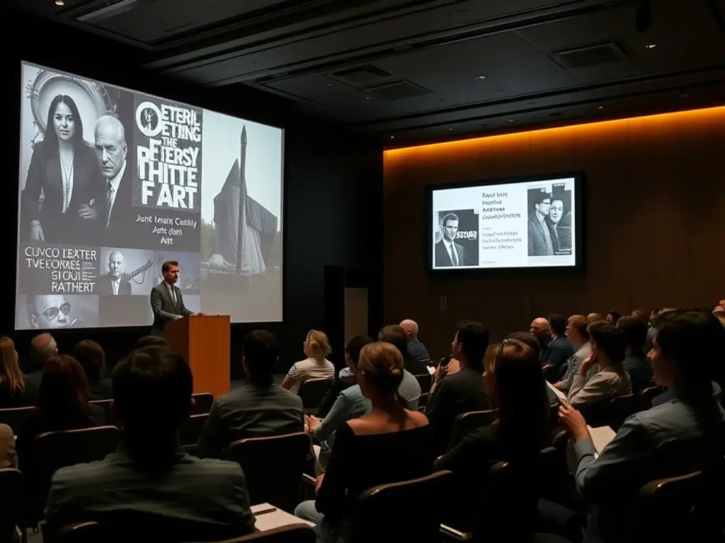 A conference setting with speakers presenting on art-related topics, and attendees actively participating in discussions and networking at LA COUR DES ARTS.
