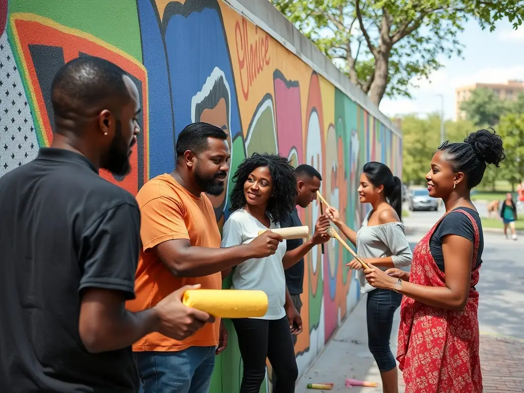 An image depicting a community art project in progress, showcasing how LA COUR DES ARTS contributes to the artistic vitality of the local territory through collaborative initiatives.