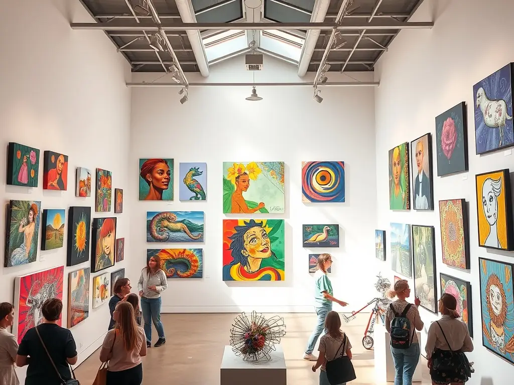 A curated art exhibition featuring diverse artworks, including paintings, sculptures, and mixed media pieces, displayed in a gallery setting at LA COUR DES ARTS.