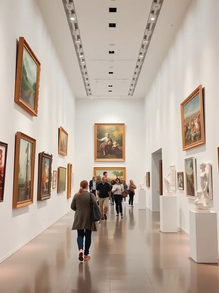 A vibrant image of an art exhibition at LA COUR DES ARTS, featuring a diverse collection of paintings, sculptures, and mixed media artworks created by local artists.
