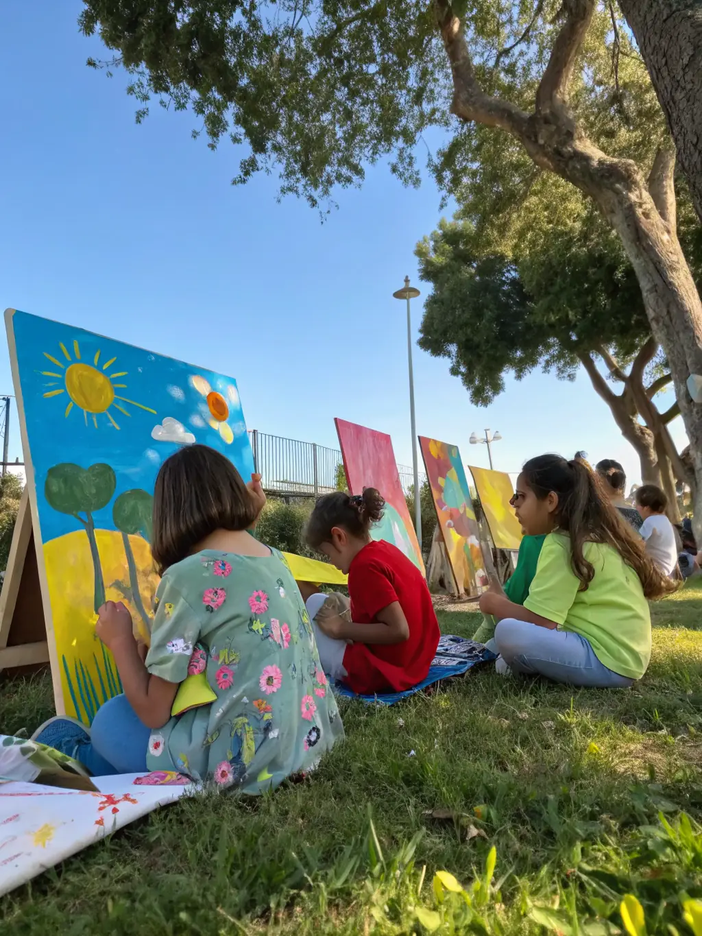 A photo of children participating in a summer art camp at LA COUR DES ARTS, painting and drawing outdoors, fostering their creativity and artistic skills.