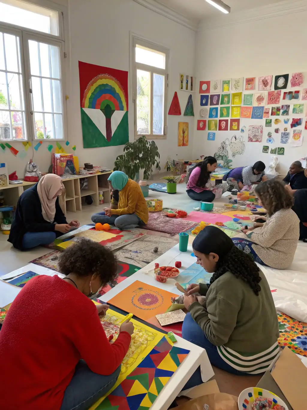 A photograph of a mixed media workshop at LA COUR DES ARTS, featuring participants experimenting with different materials and techniques to create unique and expressive artworks. The image should convey a sense of innovation and creative freedom.