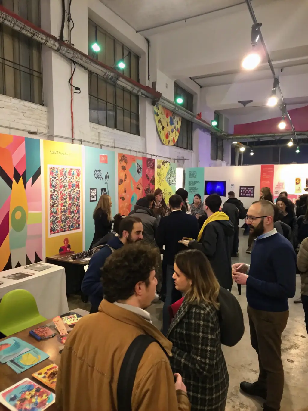 A photograph of a conference or networking event at LA COUR DES ARTS, showing artists and art professionals connecting and exchanging ideas. The image should convey a sense of collaboration and professional development.